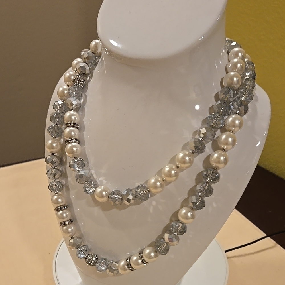 Chico's White and Silver Multi-Length Necklace with Faux Pearls and Crystals